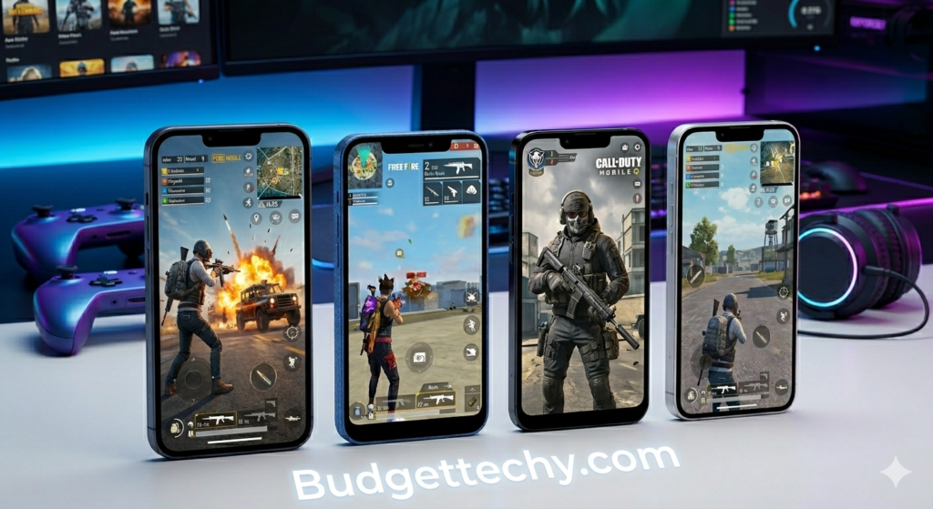 Multiple budget smartphones arranged side by side with glowing screens displaying different mobile games (PUBG, Free Fire, Call of Duty), clean minimal background, soft lighting, realistic product photography style, emphasis on performance and gaming, modern tech aesthetic, high resolution, no text