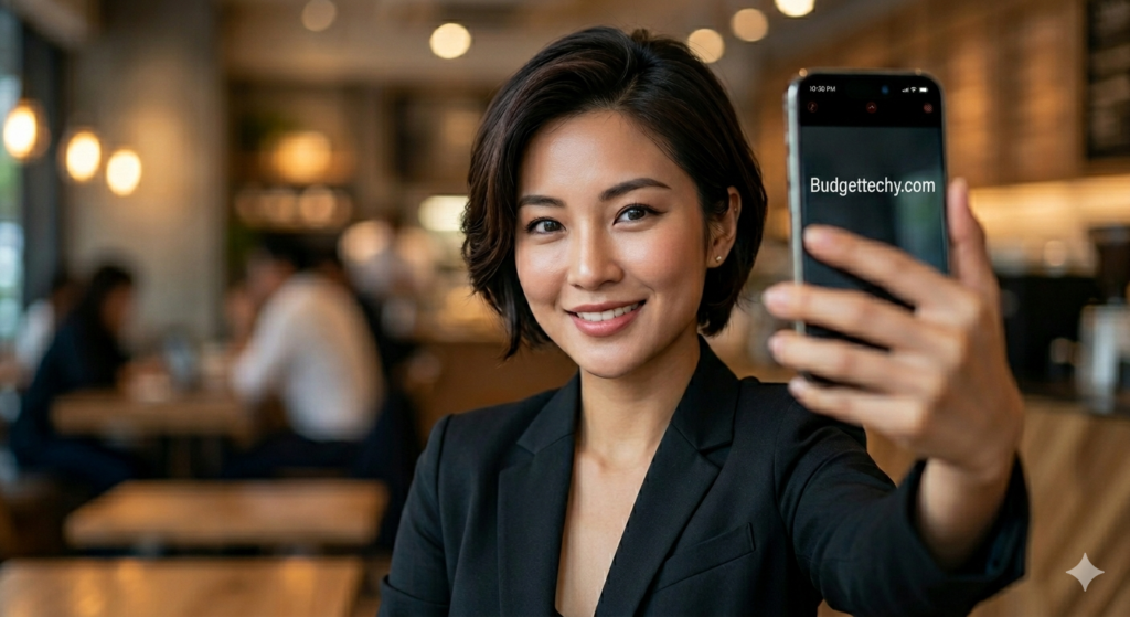 Smartphone taking a night photo in a city street with lights, neon signs glowing, clear image with minimal noise, realistic night photography, high contrast, cinematic feel